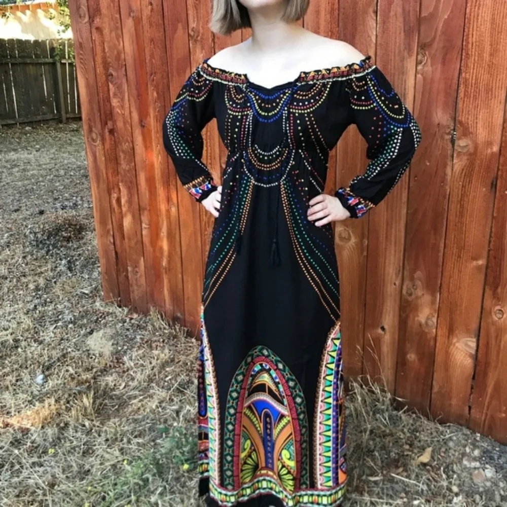 BoHo Off shoulder Maxi long dress small printed hippie bohemian black tomato - Picture 5 of 8